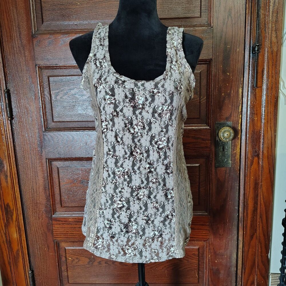 Y2k Indie Sleaze Brown Floral Lace Cottagecore Scoop Neck Tank Top/T732